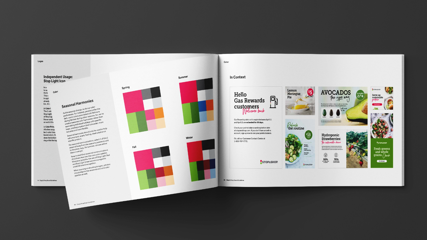 A spread rom within the Brand Guidelines book provided to Stop&Shop by (add)ventures.