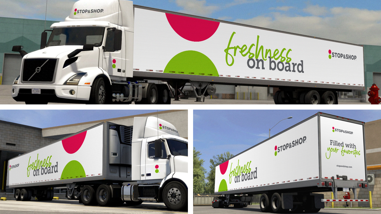 A collage of rebranded Stop&Shop semitrucks wraps.