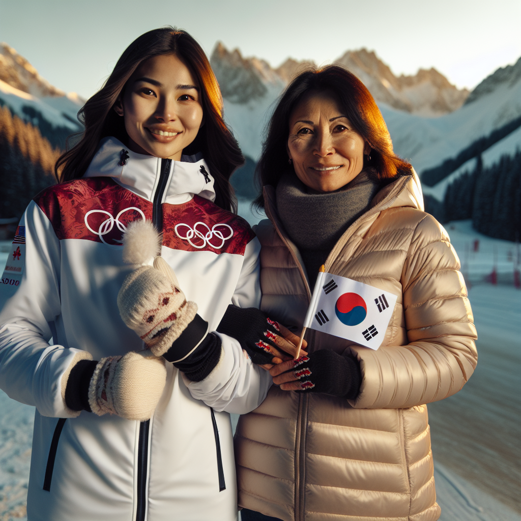 Two women smile in front of a snowy mountain at sunset, dressed warmly and proudly displaying a South Korean flag.