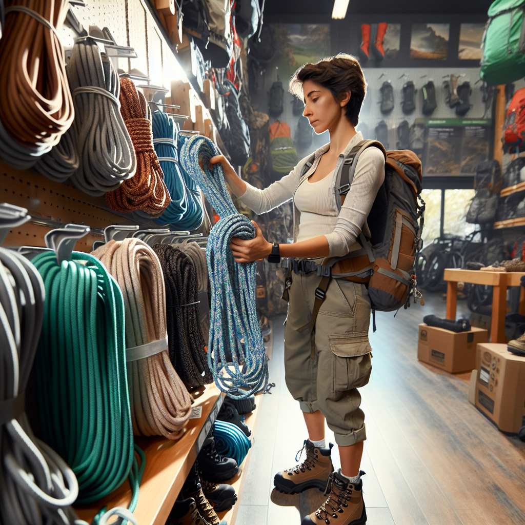 A woman in hiking attire examines climbing ropes in a well-stocked outdoor gear store.