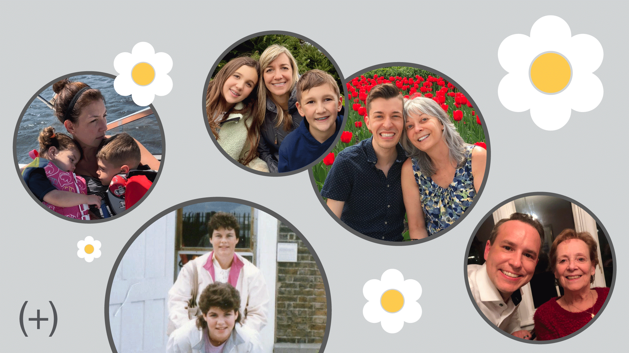 Multiple circular photos of families and individuals with decorative floral icons, celebrating Mother's Day.