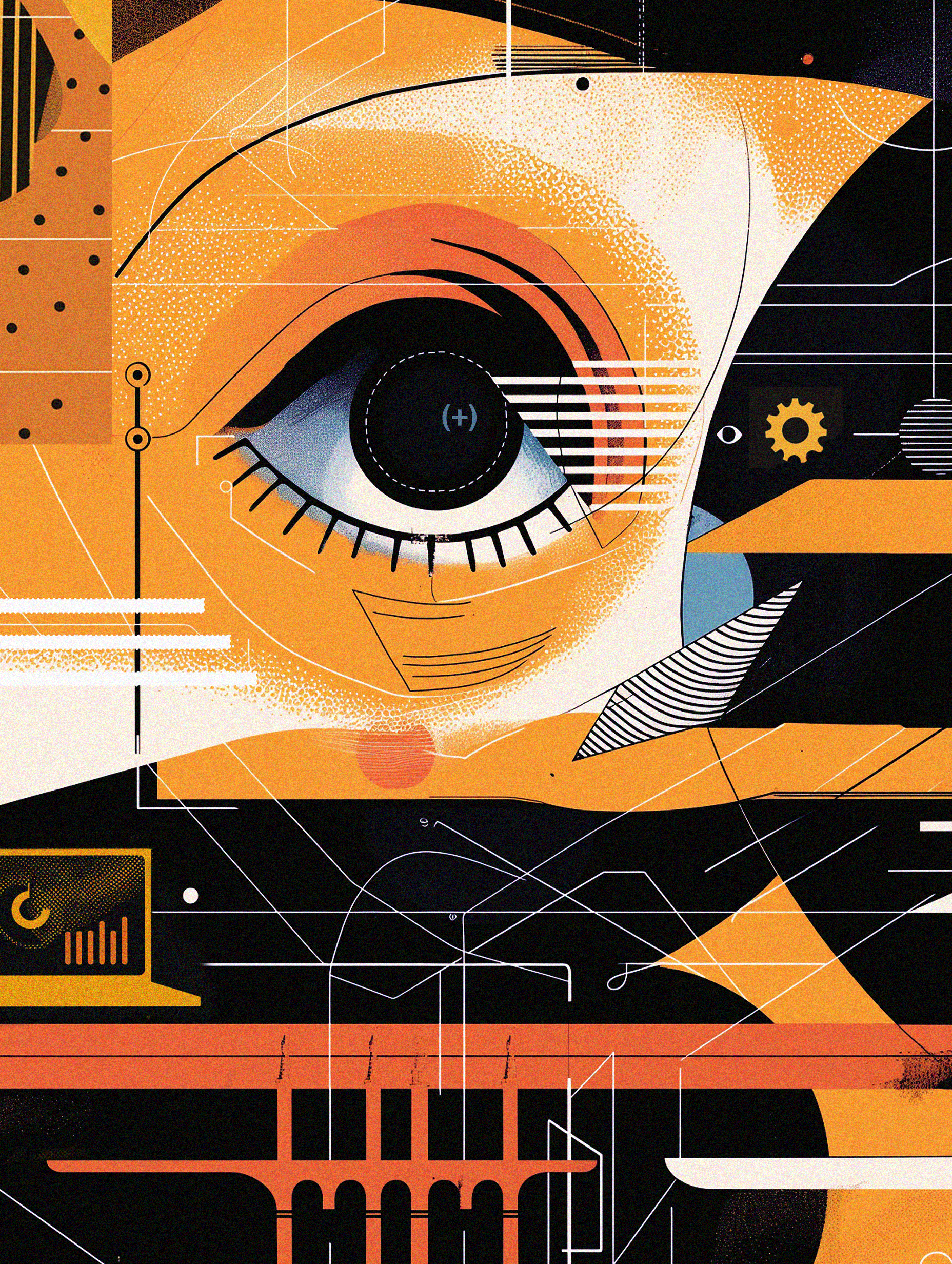 A stylized, abstract graphic of an eye surrounded by various geometric shapes, lines, and mechanical elements, predominantly in shades of orange, black, and white.