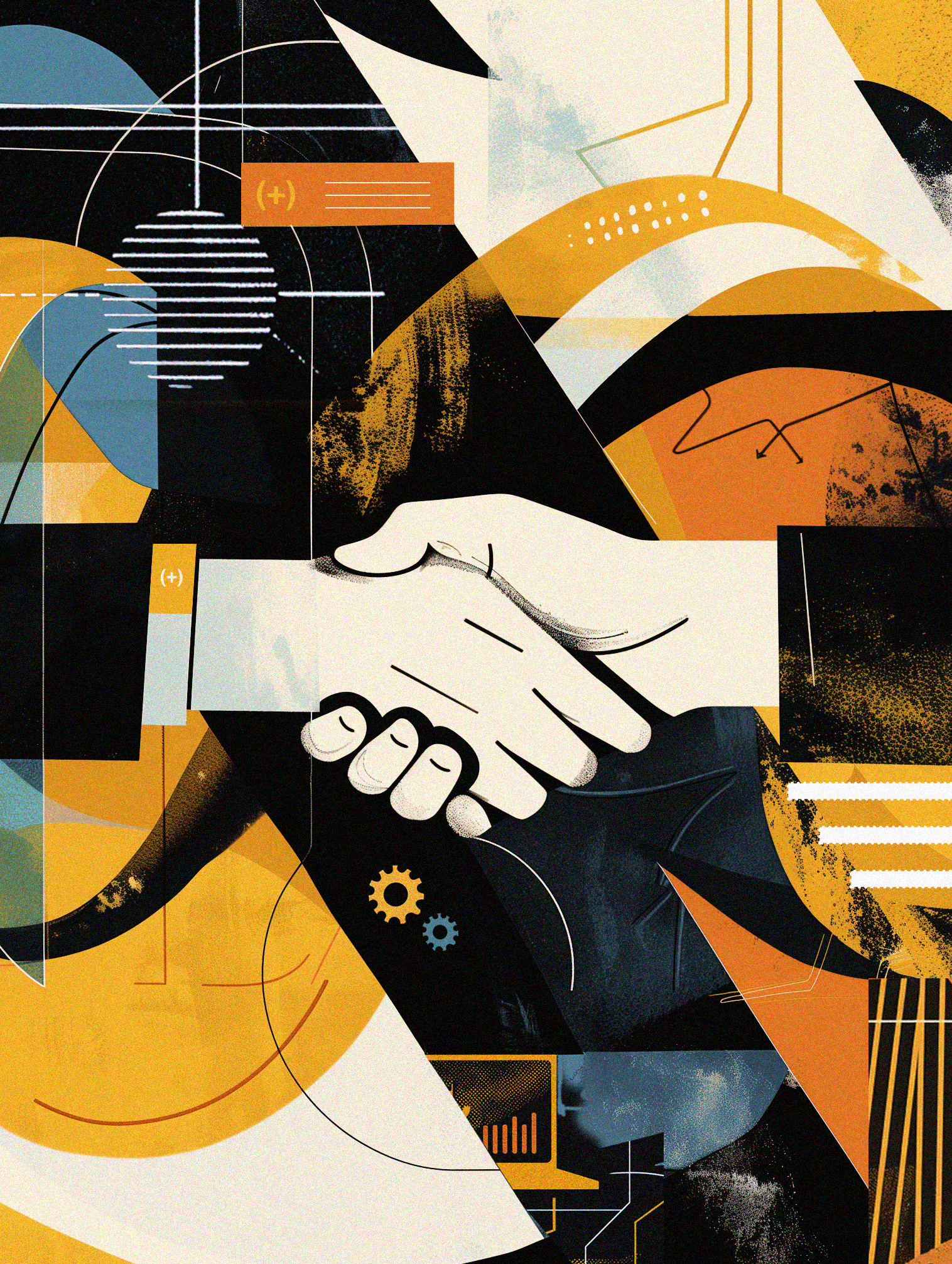 Two hands shaking against a backdrop of abstract geometric shapes and lines in a palette of yellow, black, white, and orange.