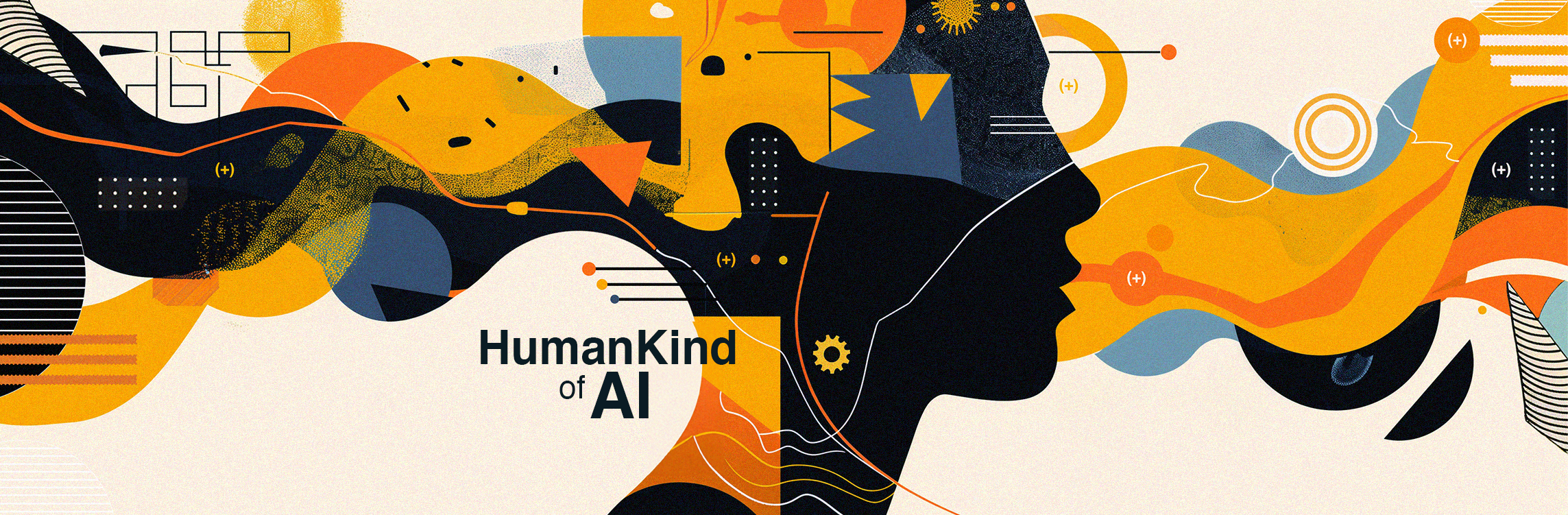 The words "HumanKind of AI" combined with geometric and organic shapes in vivid colors, centering on a human silhouette against a dynamic background.