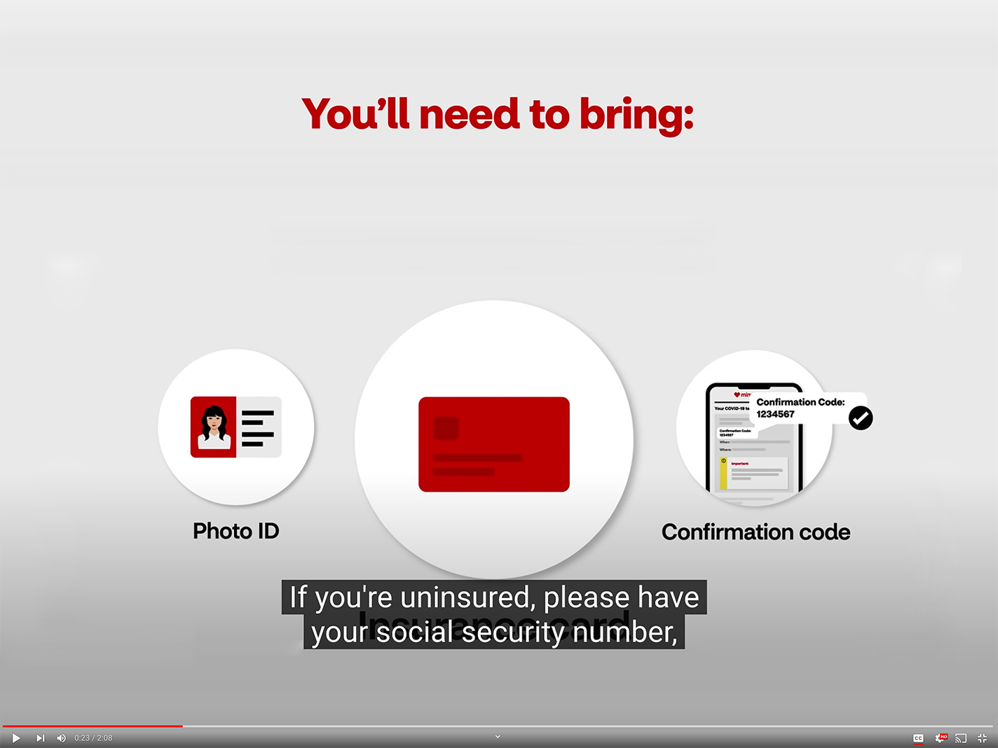 A still frame of a CVS Health video, an animated infographic: "You'll need to bring: Photo ID, Insurance card, Confirmation Code". Captions read "If you're uninsured, please have your social security number".