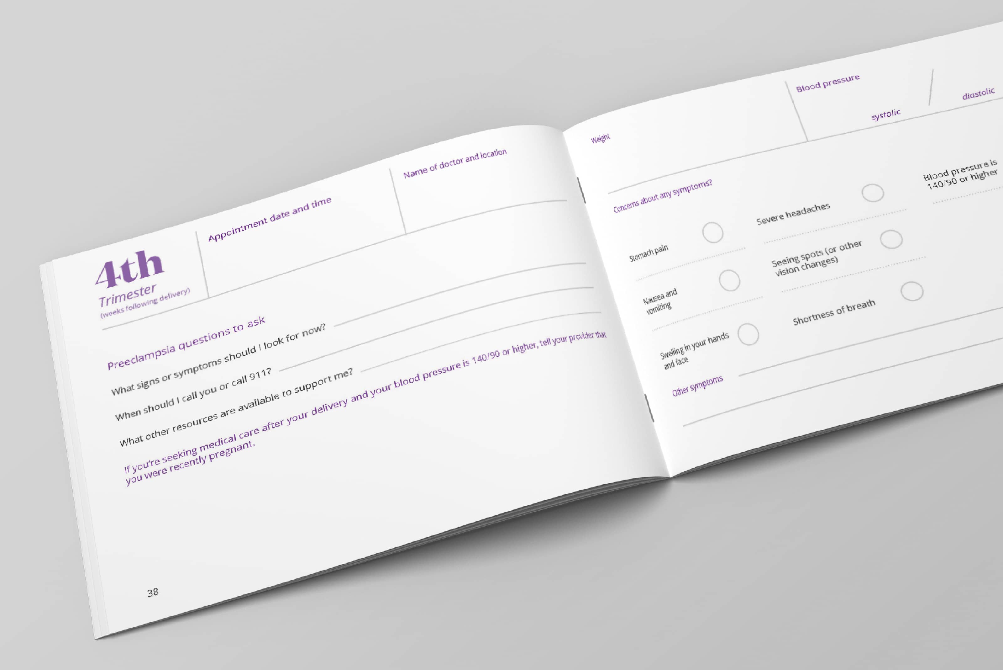 Inside pages from Aetna’s prenatal preeclampsia care kit booklet showing a worksheet