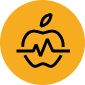 Outline of an apple with a heartbeat over a yellow circle background.