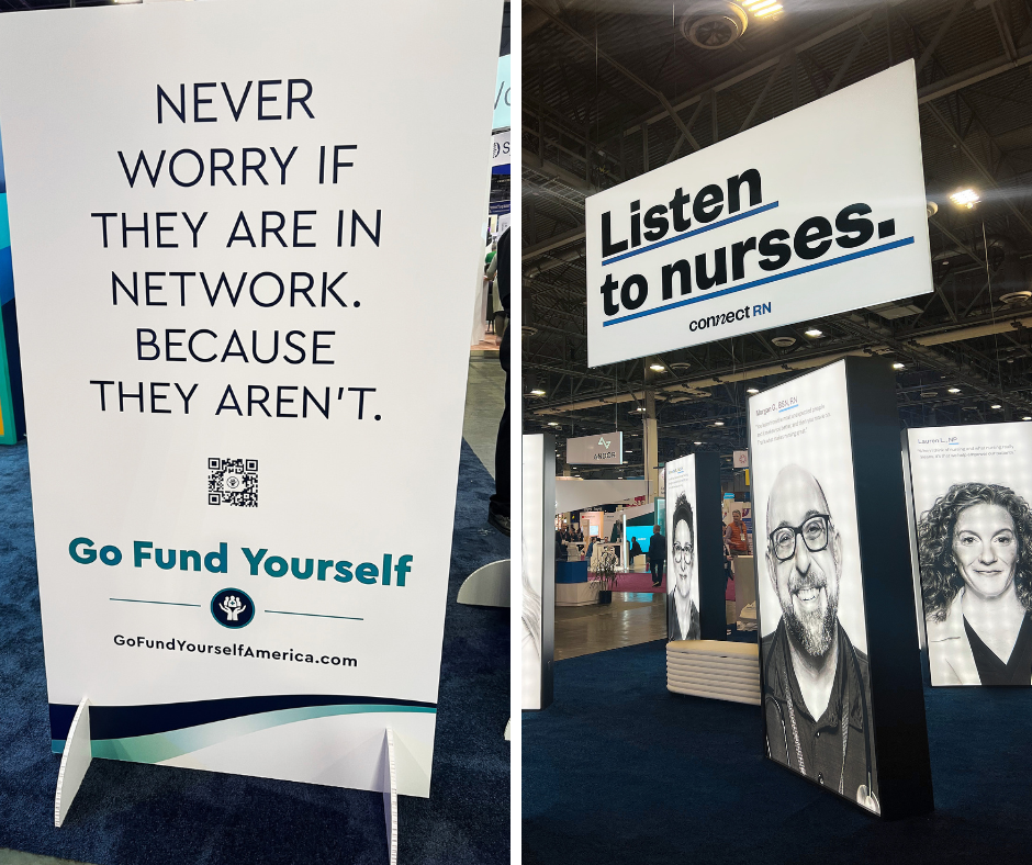An image of a sign which reads, “Never worry if they are in network because they aren’t. Go Fund Yourself.”