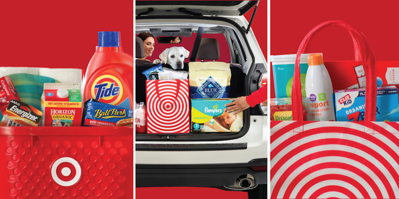 Target campaign advertisement featuring a female driving a car and an employee delivering household item to her trunk.