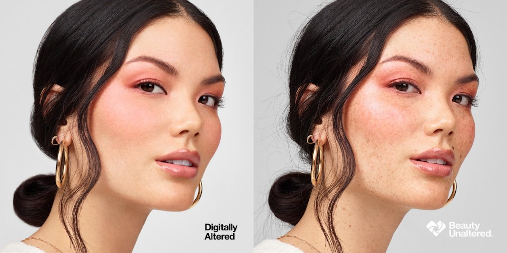 CVS advertisement showing a digitally altered female face on left side and picture of the same face unaltered on the right