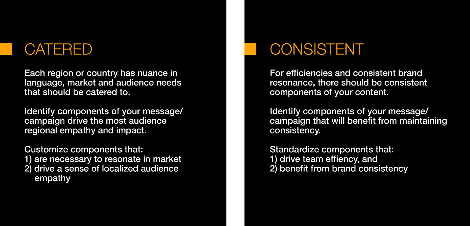 Catered content: Each region or country has nuance in language, market and audience needs that should be catered to. Identify components of your message or campaign that drive the most audience regional empathy and impact. Consistent content: For efficiencies and consistent brand resonance, there should be consistent components of your content. Identify components of your message or campaign that will benefit from maintaining consistency.