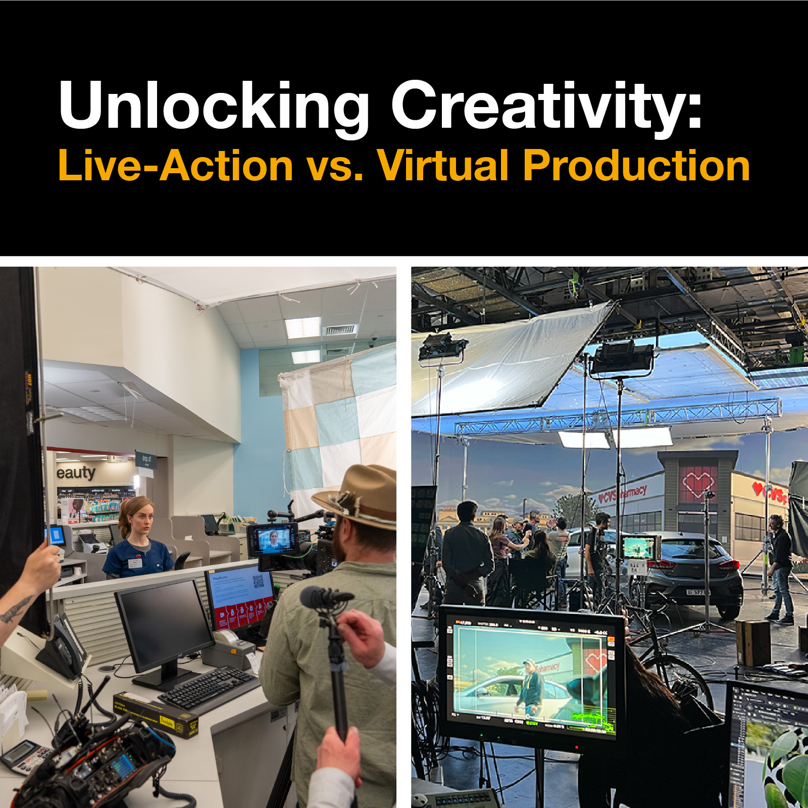Side-by-side comparison of on location and virtual productions.