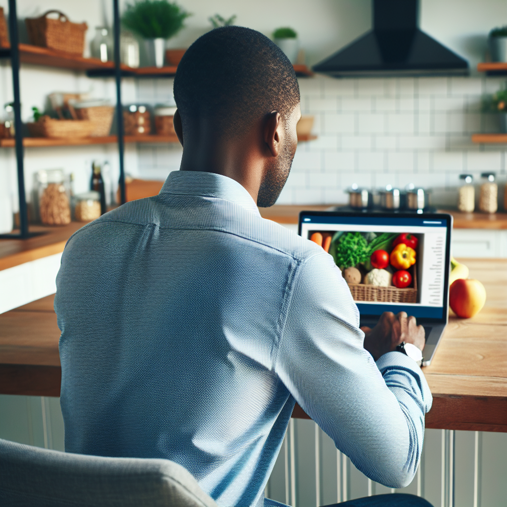 A person is sitting at a kitchen counter, looking at an open laptop displaying an image of various vegetables.