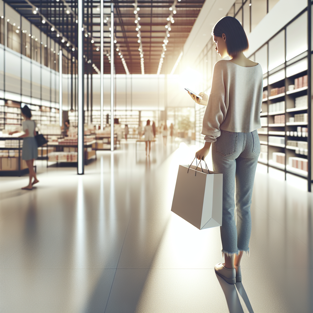 A person stands in a well-lit store holding a shopping bag and looking at their phone.