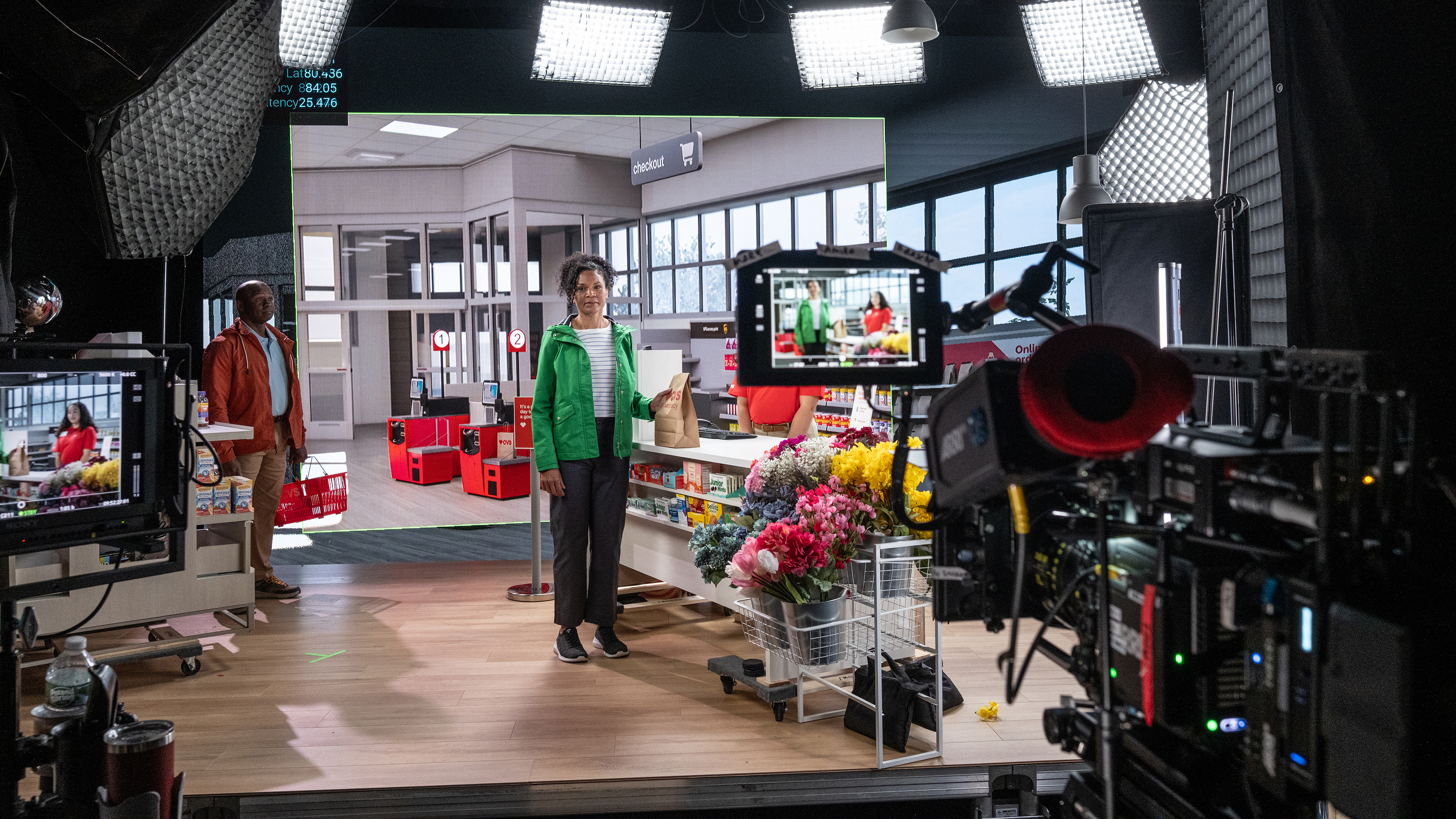 Behind the scenes of filming in a virtual grocery scene