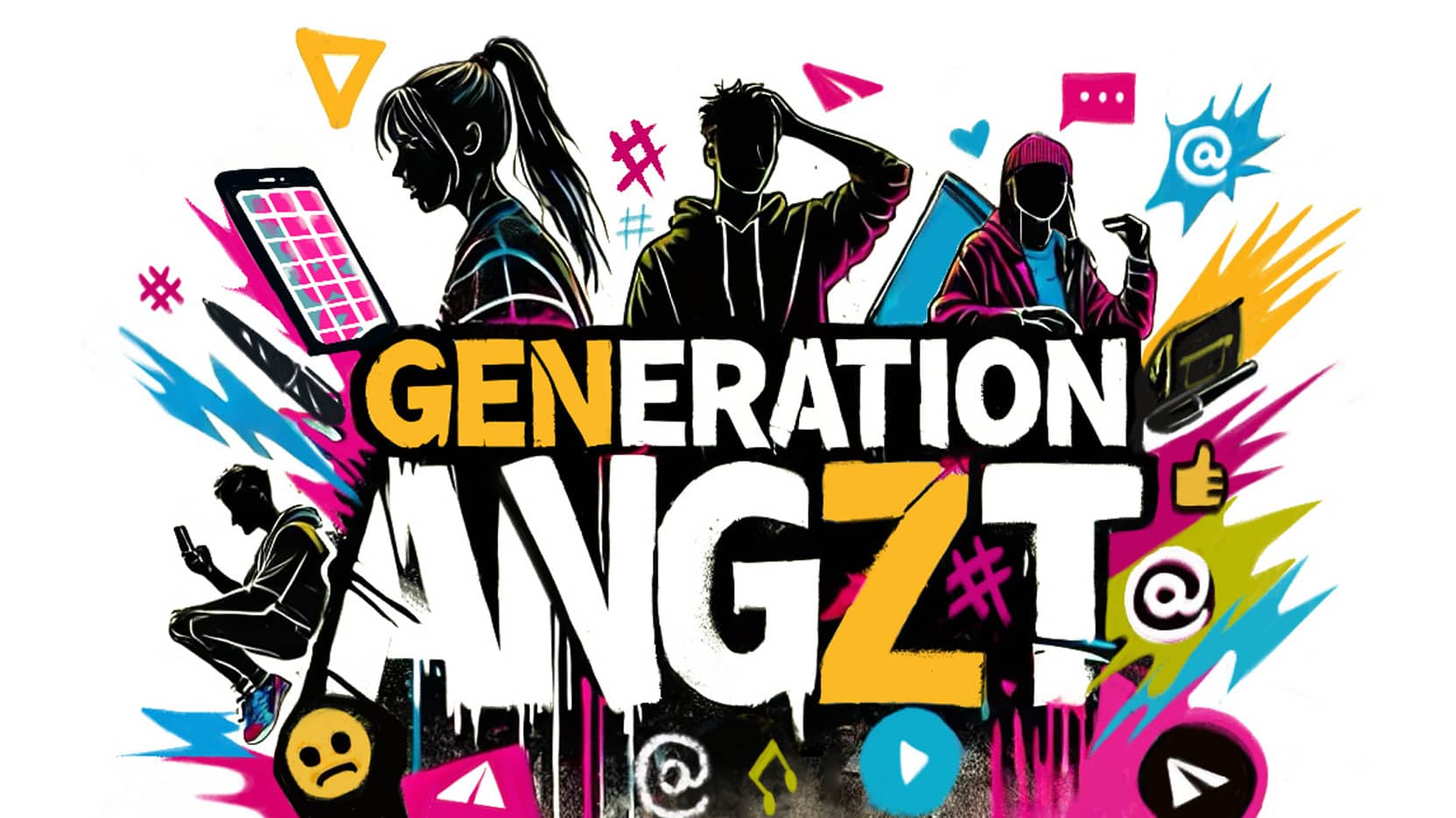 'Illustration of ‘Generation Angst,’ depicting young individuals immersed in digital devices, icons, and social media symbols reflecting modern challenges and tech-driven lifestyles.