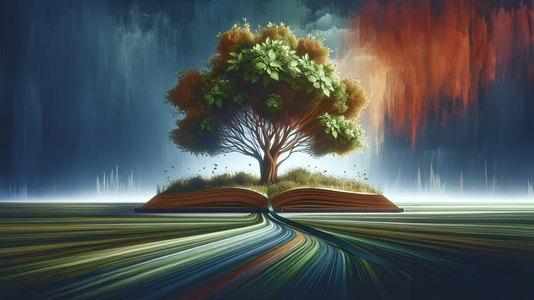 A vibrant tree grows from an open book, symbolizing knowledge. Background transitions from dark blue to warm orange, blending nature and wisdom.