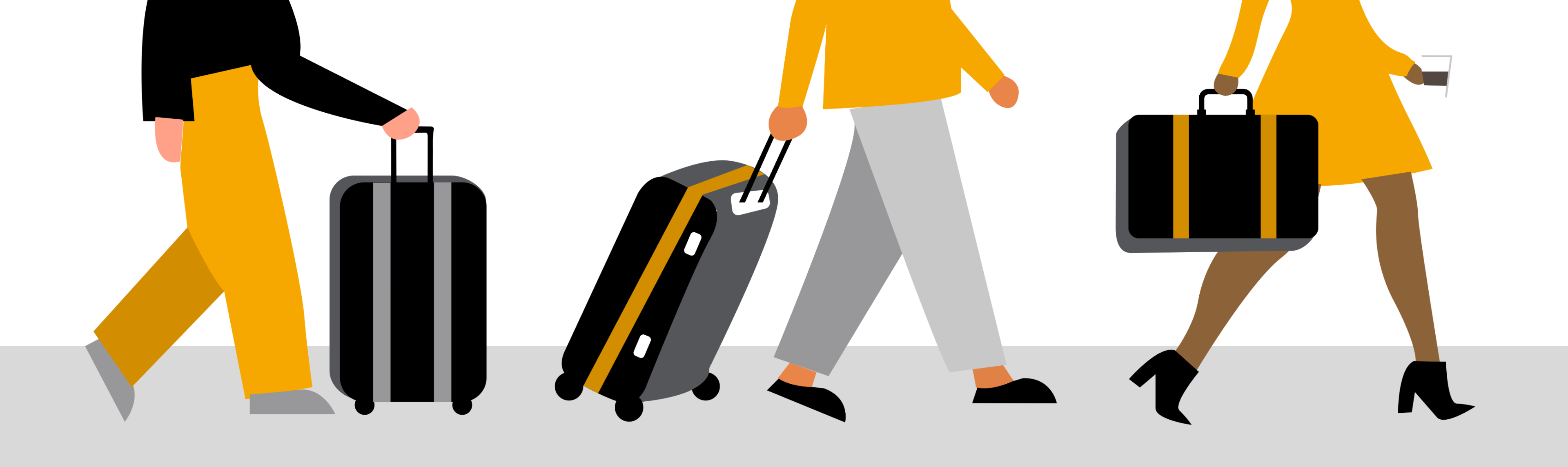 A graphic illustration showing multiple figures with luggage, walking, with minimalistic orange and gray color tones.