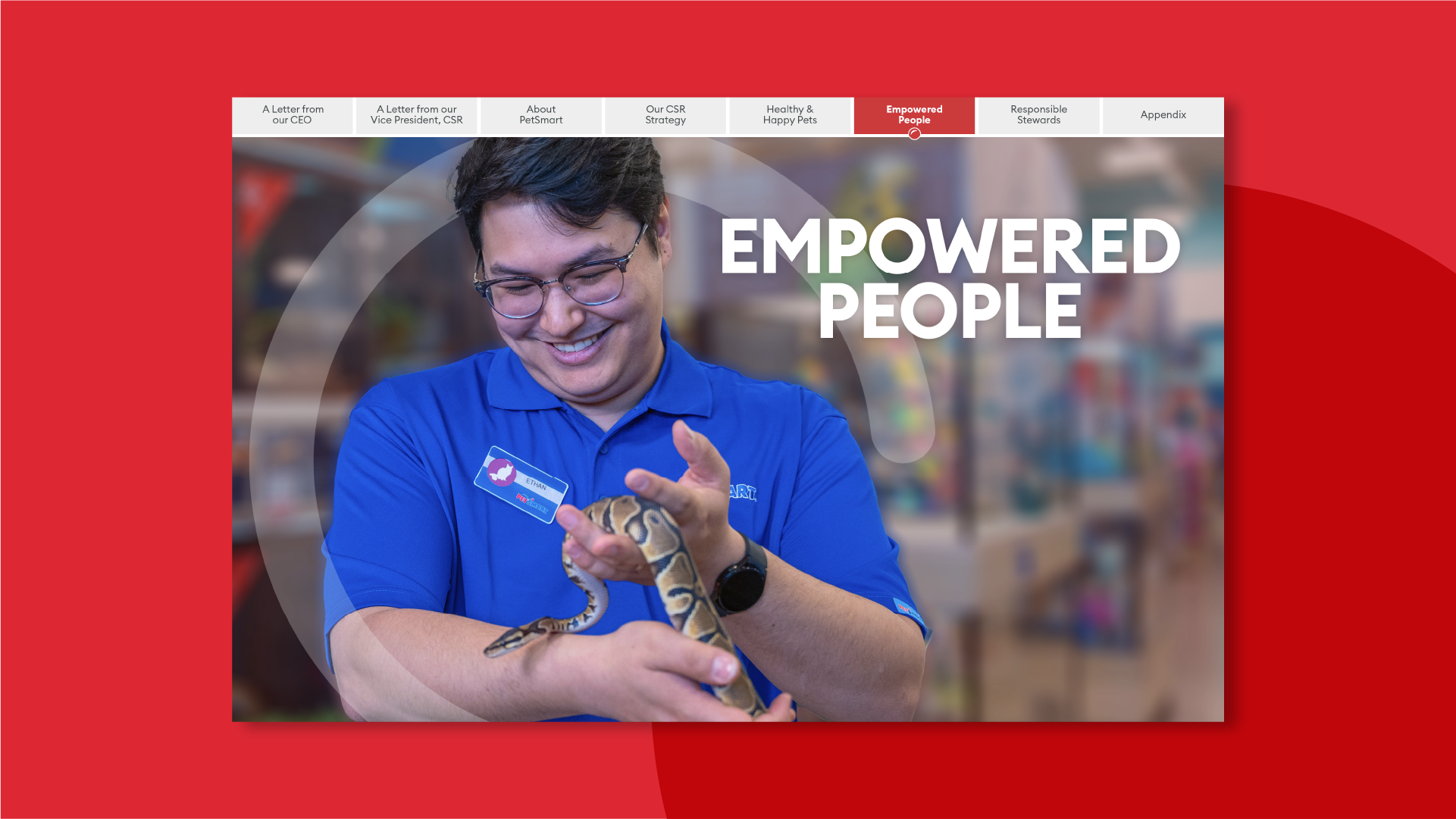 Employee holding a snake with ‘Empowered People’ text overlay