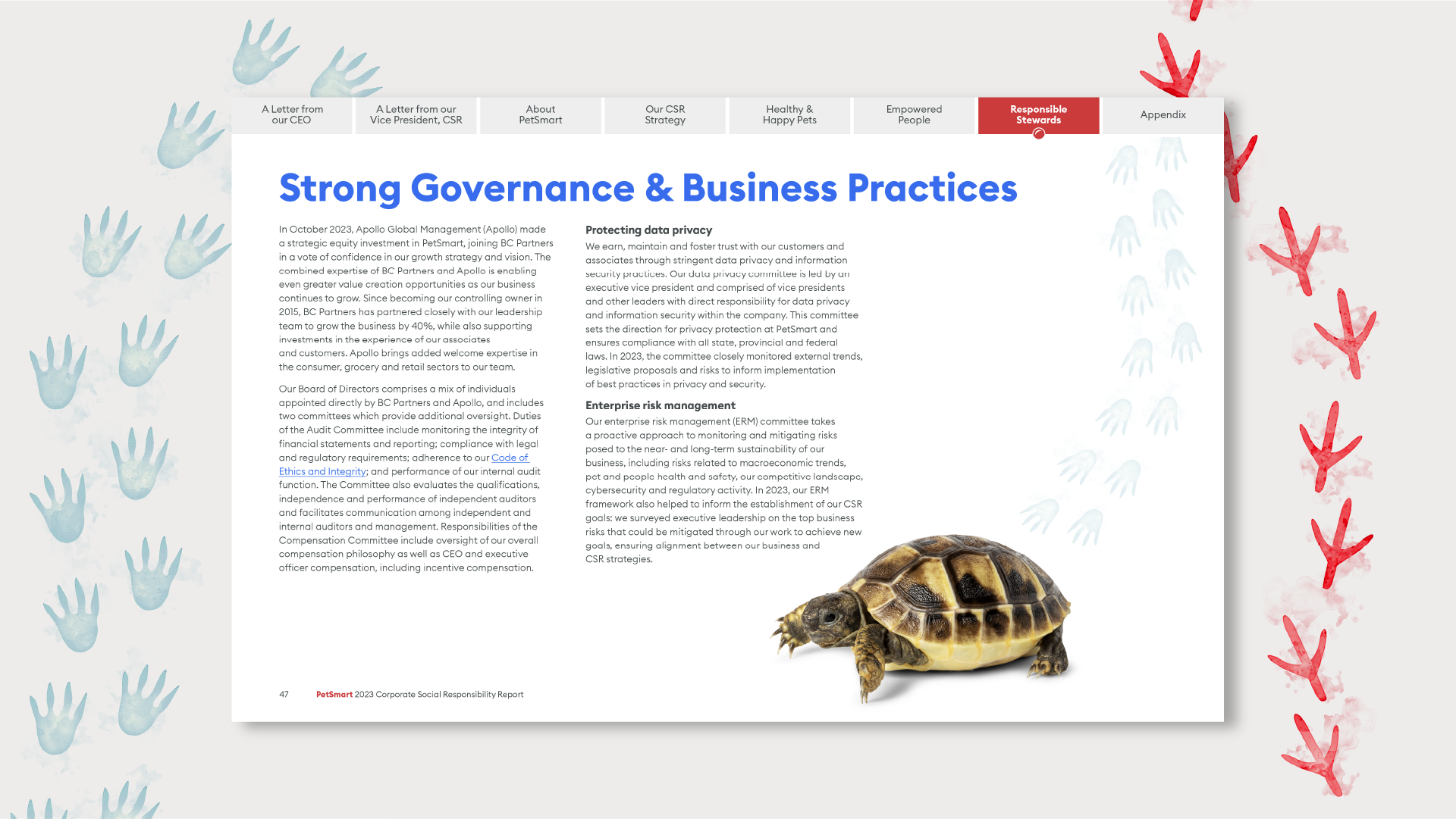 Corporate governance page with text, a turtle image, and handprint graphics.