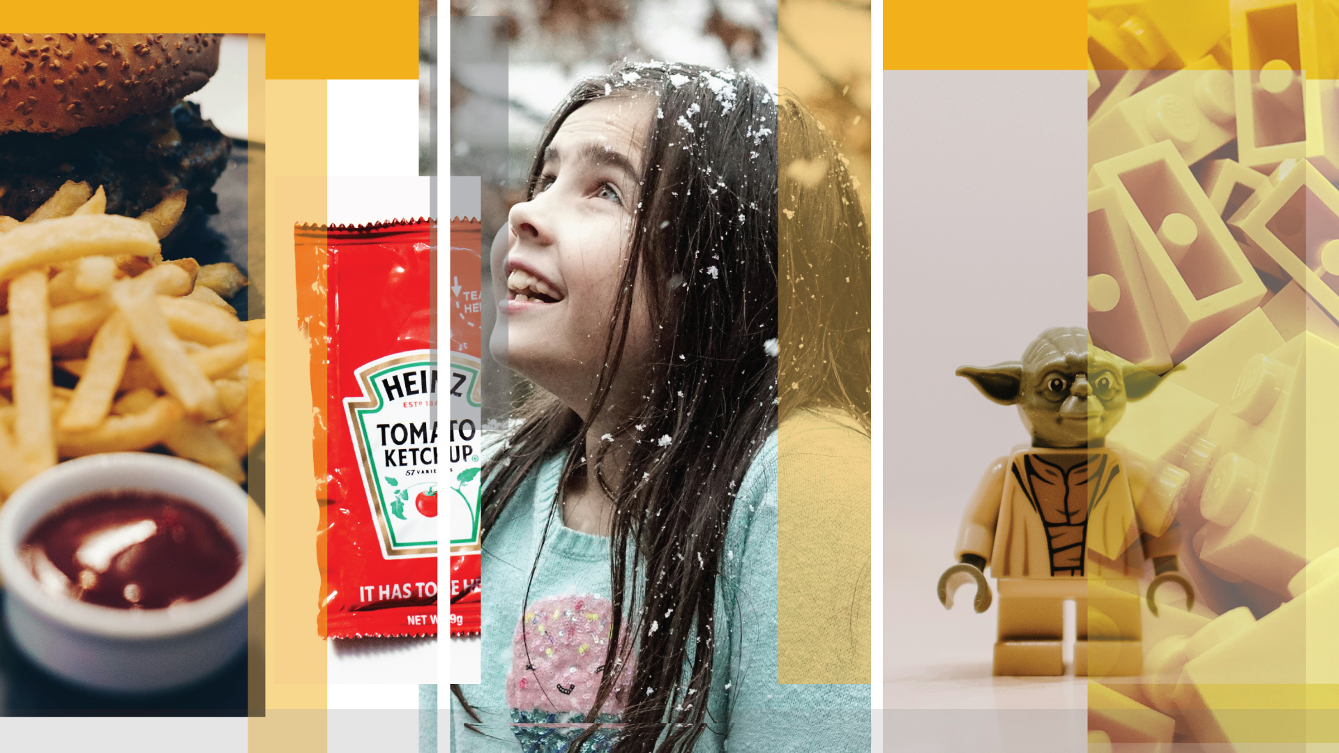 A collage featuring fries with ketchup, a child in the snow, and a LEGO Yoda figure against a layered, artistic background.